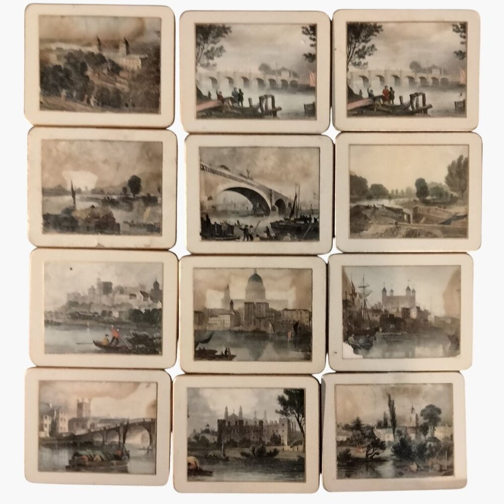 English Landmark Coasters Green Felt Backing Set Of 12 Vintage